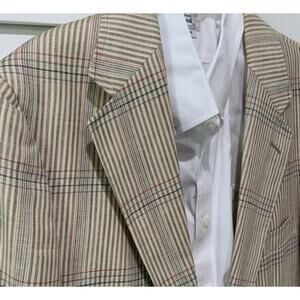 VTG Chaps Ralph Lauren Mens Linen Cotton Plaid Blazer 46L Made In USA